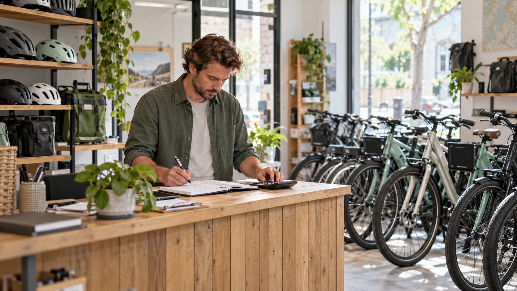 Illustration : un loueur de vélos vérifie ses comptes au comptoir de son agence